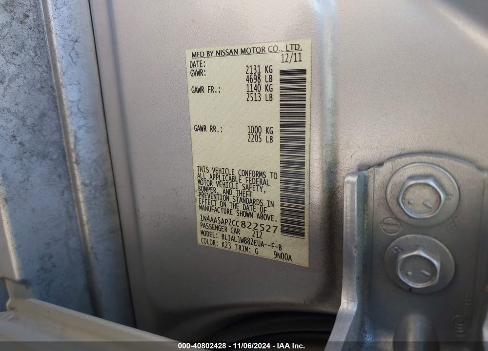 2012 NISSAN MAXIMA 3.5 SV VIN: 1N4AA5AP2CC822527
