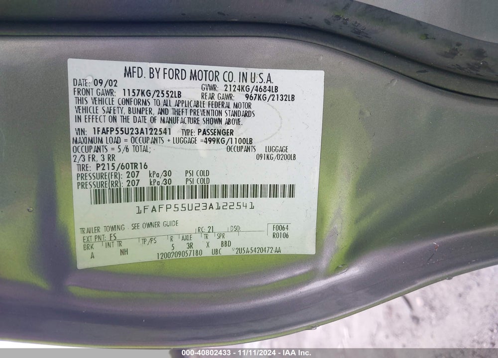 2003 FORD TAURUS SES VIN: 1FAFP55U23A122541