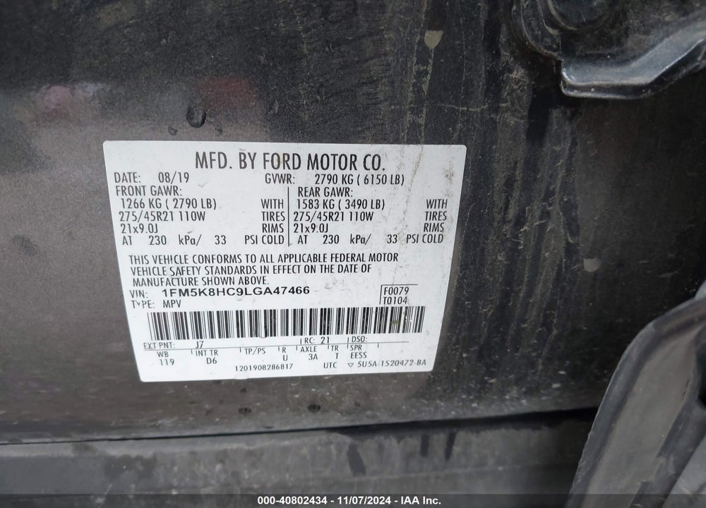 2020 FORD EXPLORER PLATINUM VIN: 1FM5K8HC9LGA47466