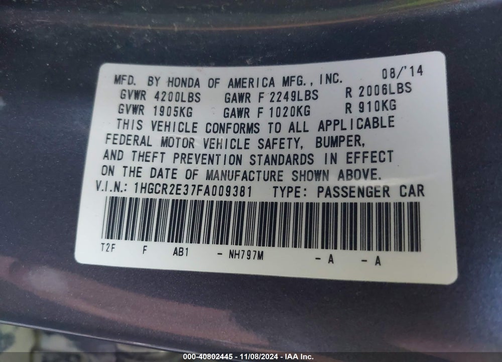 2015 HONDA ACCORD LX VIN: 1HGCR2E37FA009381
