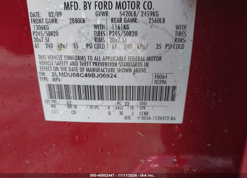 2009 LINCOLN MKX VIN: 2LMDU68C49BJ06924