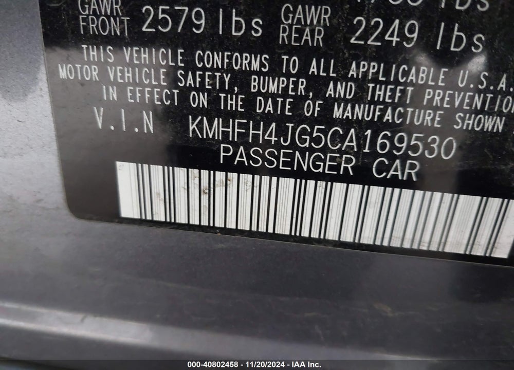 2012 HYUNDAI AZERA VIN: KMHFH4JG5CA169530