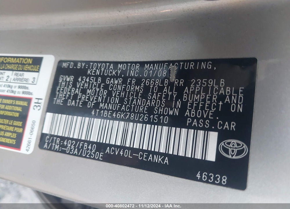 2008 TOYOTA CAMRY LE VIN: 4T1BE46K78U261510