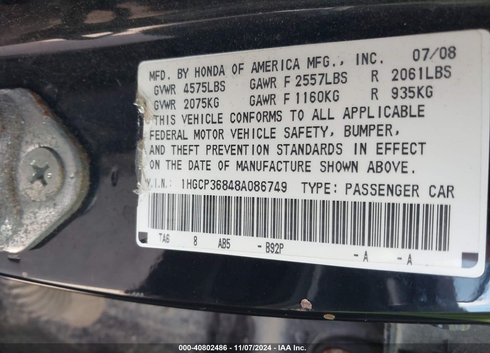 2008 HONDA ACCORD 3.5 EX-L VIN: 1HGCP36848A086749