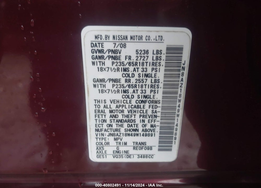 2009 NISSAN MURANO SL VIN: JN8AZ18W49W149891