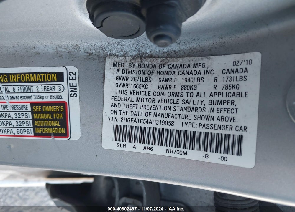 2010 HONDA CIVIC LX VIN: 2HGFA1F54AH319058