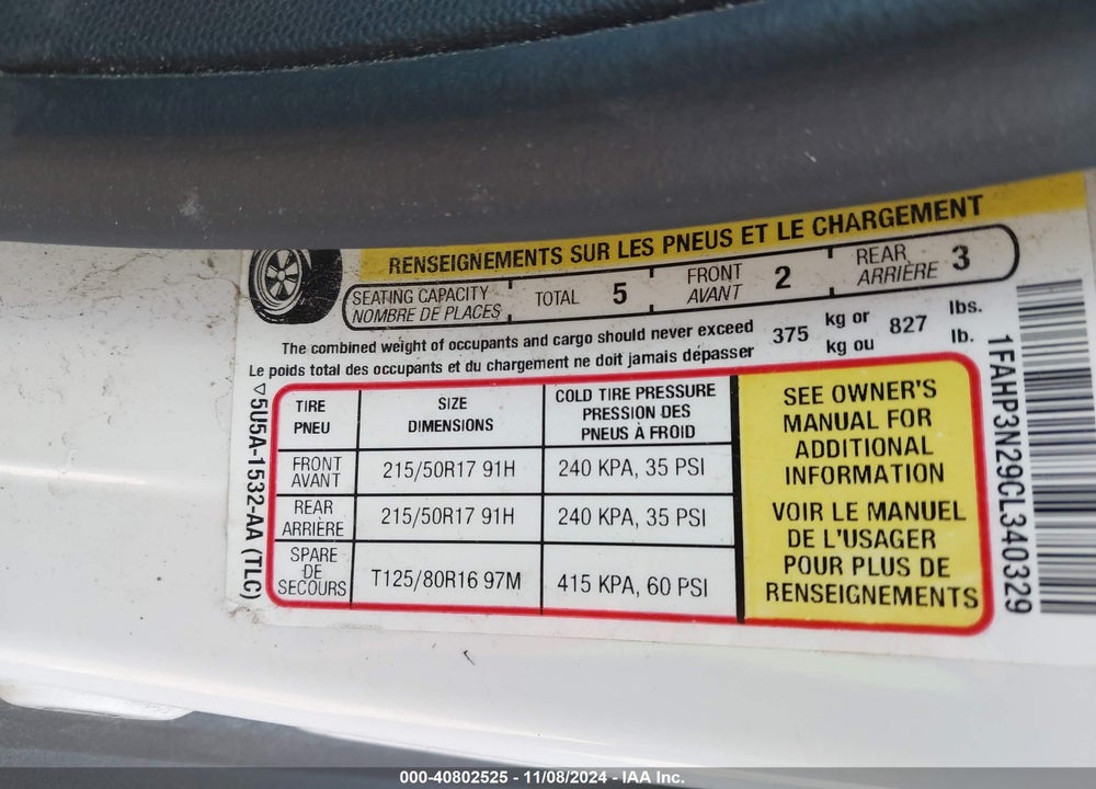 2012 FORD FOCUS TITANIUM VIN: 1FAHP3N29CL340329