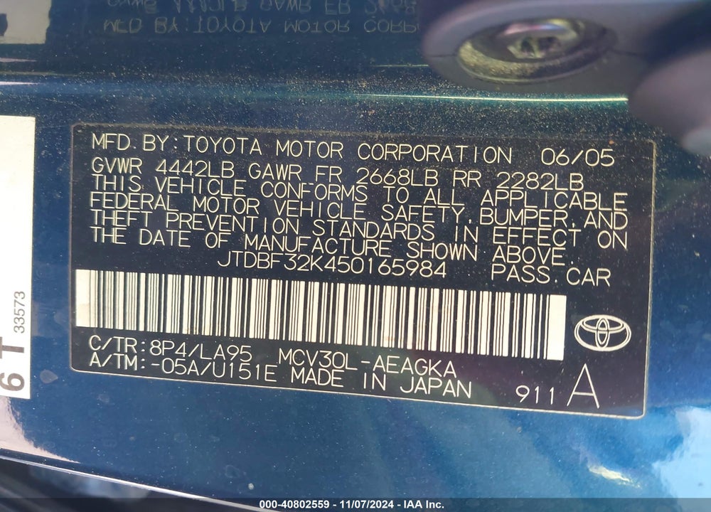 2005 TOYOTA CAMRY XLE V6 VIN: JTDBF32K450165984
