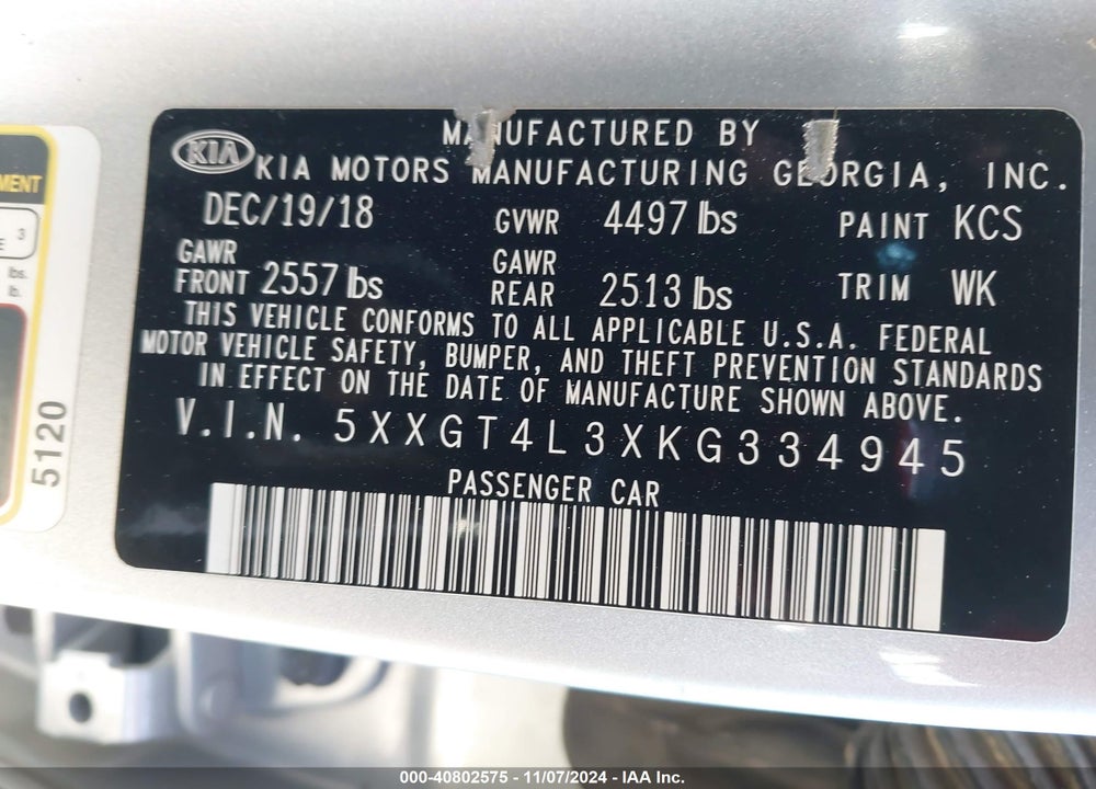 2019 KIA OPTIMA LX VIN: 5XXGT4L3XKG334945