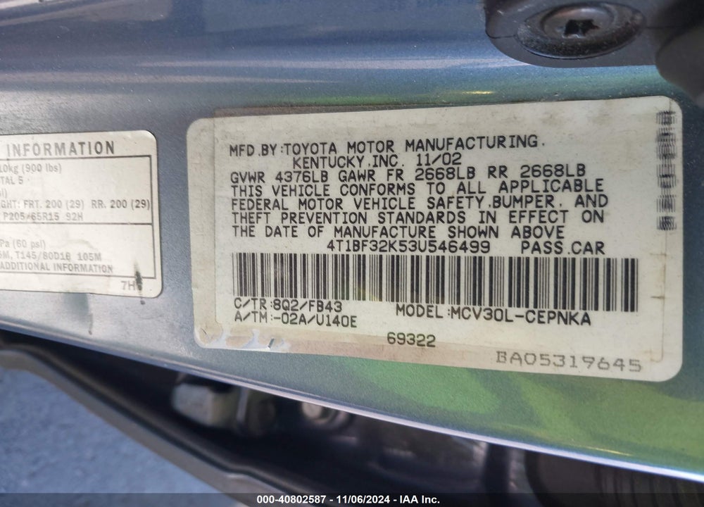 2003 TOYOTA CAMRY LE V6 VIN: 4T1BF32K53U546499