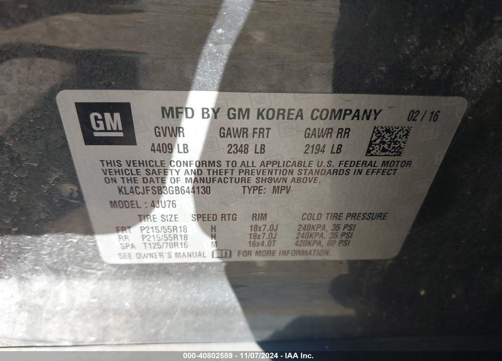 2016 BUICK ENCORE CONVENIENCE VIN: KL4CJFSB3GB644130