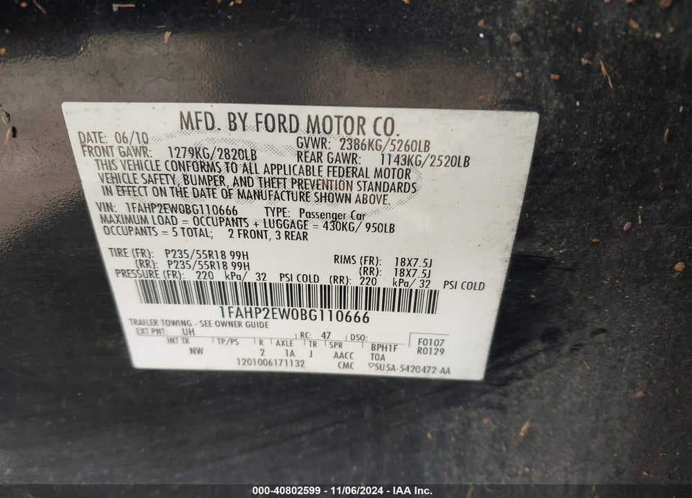 2011 FORD TAURUS SEL VIN: 1FAHP2EW0BG110666