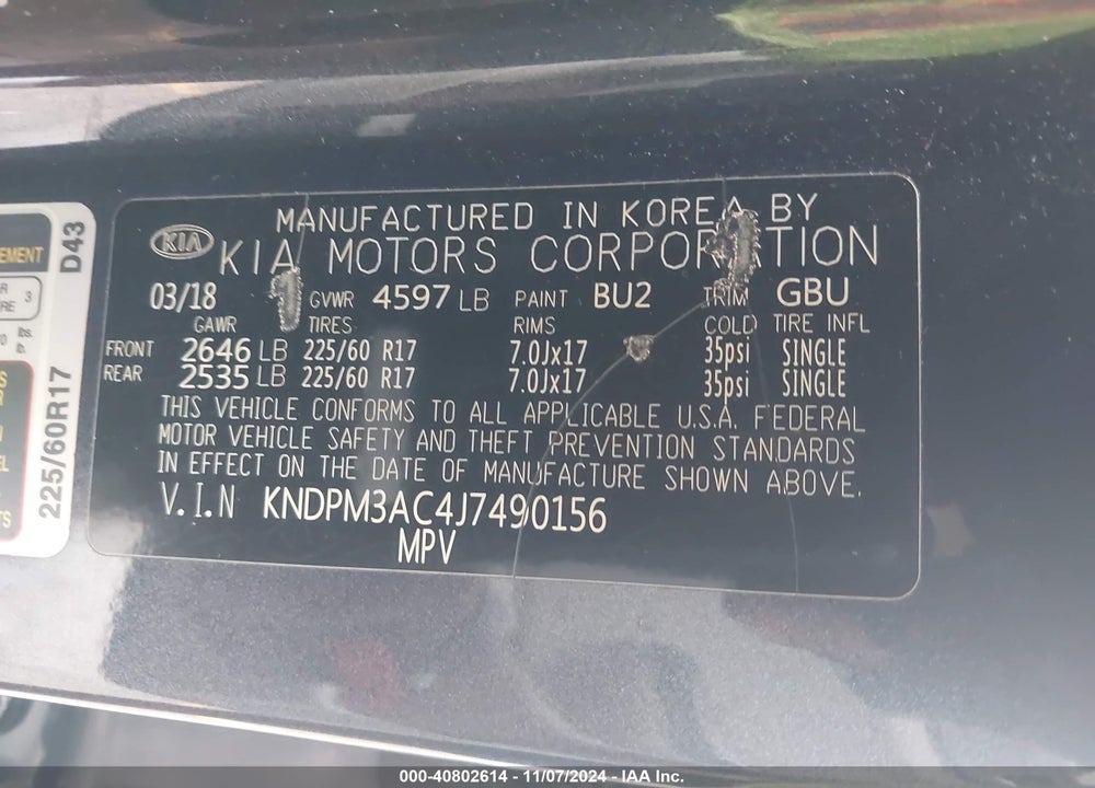 2018 KIA SPORTAGE LX VIN: KNDPM3AC4J7490156
