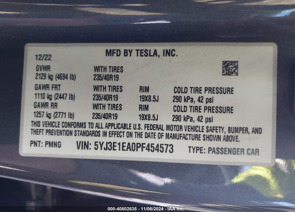 2023 TESLA MODEL 3 REAR-WHEEL DRIVE VIN: 5YJ3E1EA0PF454573