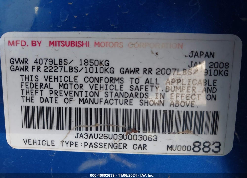 2009 MITSUBISHI LANCER ES/ES SPORT VIN: JA3AU26U09U003063