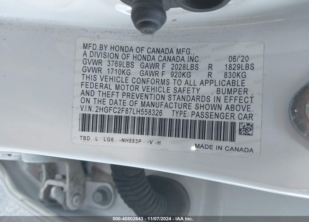 2020 HONDA CIVIC SPORT VIN: 2HGFC2F87LH558326
