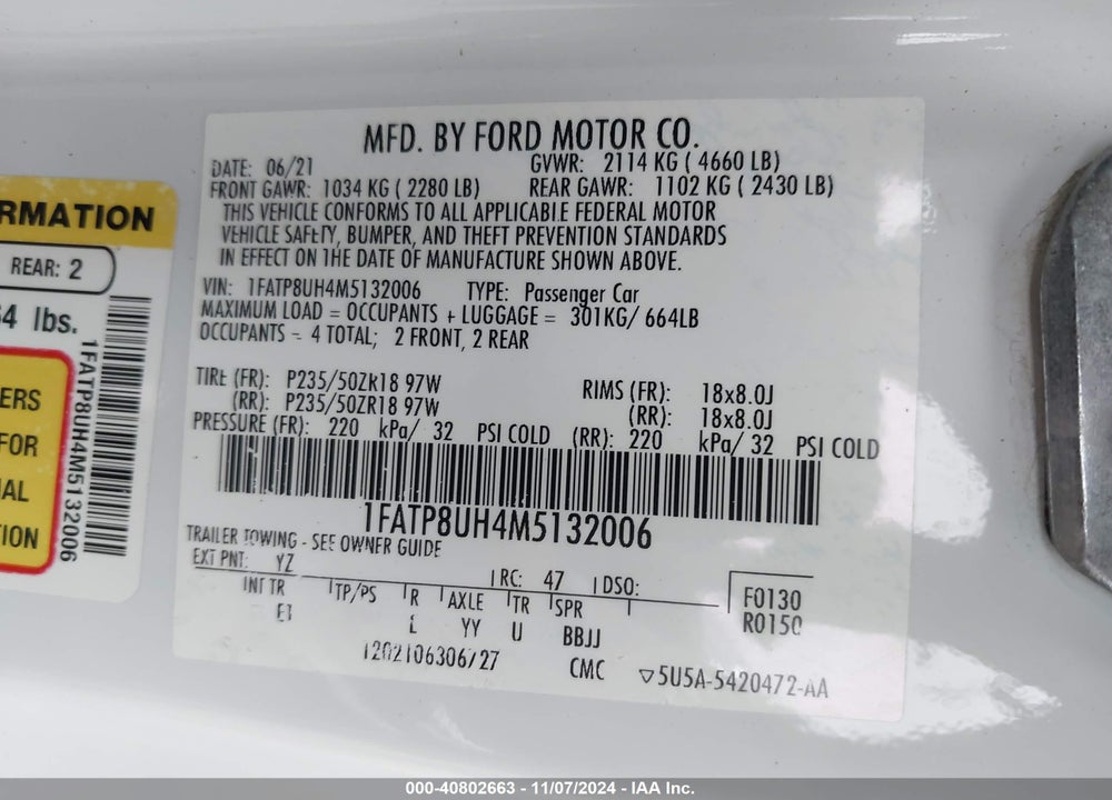 2021 FORD MUSTANG ECOBOOST PREMIUM VIN: 1FATP8UH4M5132006