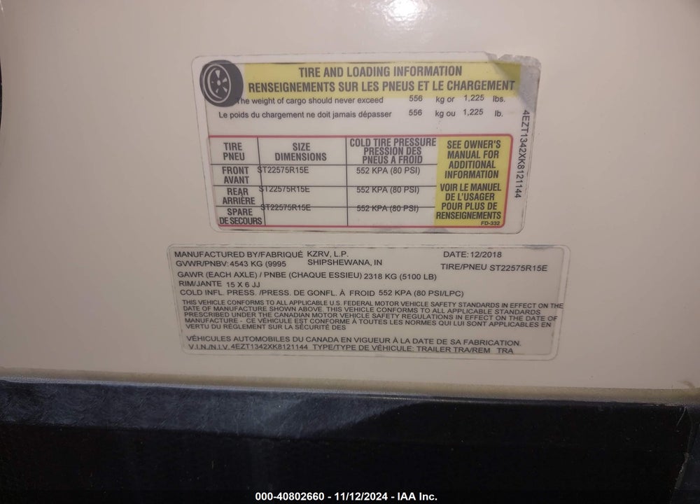 2019 VENTURE TRAVEL TRAILER VIN: 4EZT1342XK8121144