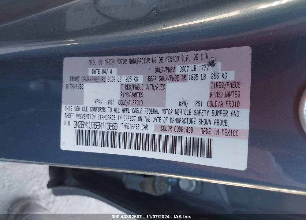 2014 MAZDA 3 VIN: 3MZBM1U76EM113866
