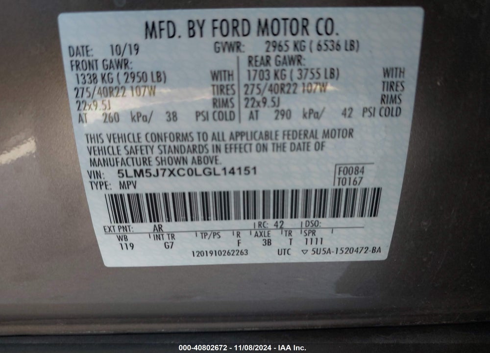 2020 LINCOLN AVIATOR RESERVE VIN: 5LM5J7XC0LGL14151