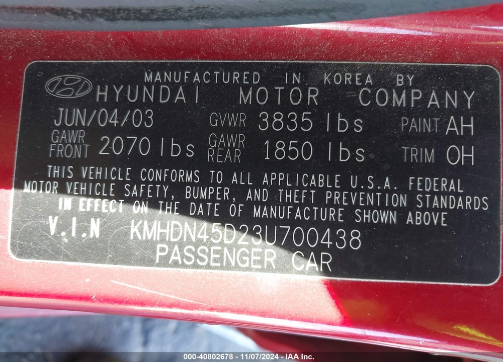 2003 HYUNDAI ELANTRA GLS/GT VIN: KMHDN45D23U700438