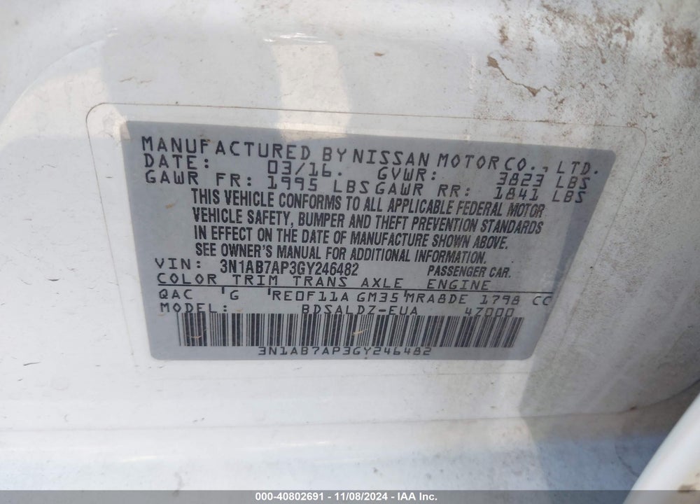 2016 NISSAN SENTRA SV VIN: 3N1AB7AP3GY246482