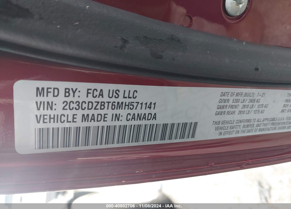 2021 DODGE CHALLENGER R/T VIN: 2C3CDZBT6MH571141