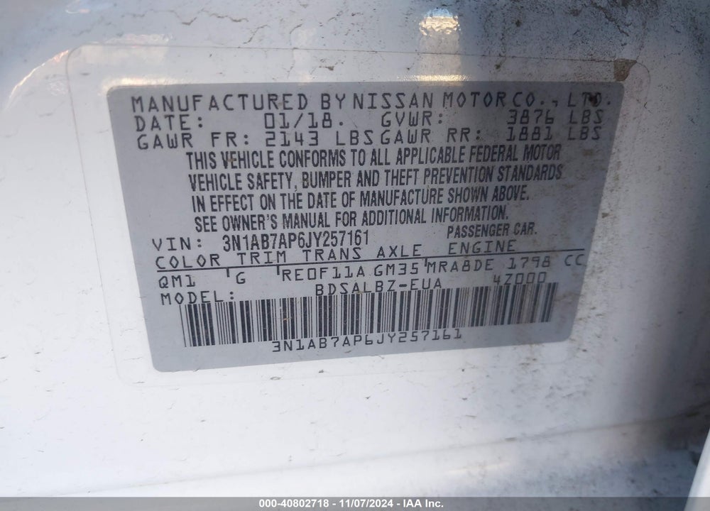 2018 NISSAN SENTRA S VIN: 3N1AB7AP6JY257161