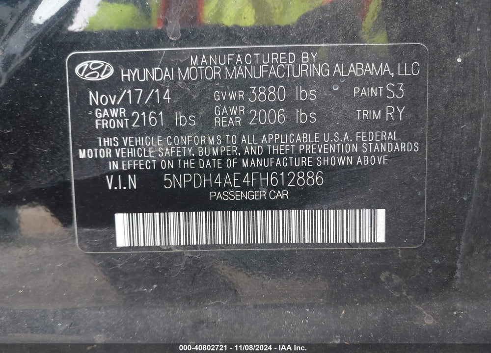 2015 HYUNDAI ELANTRA SE VIN: 5NPDH4AE4FH612886