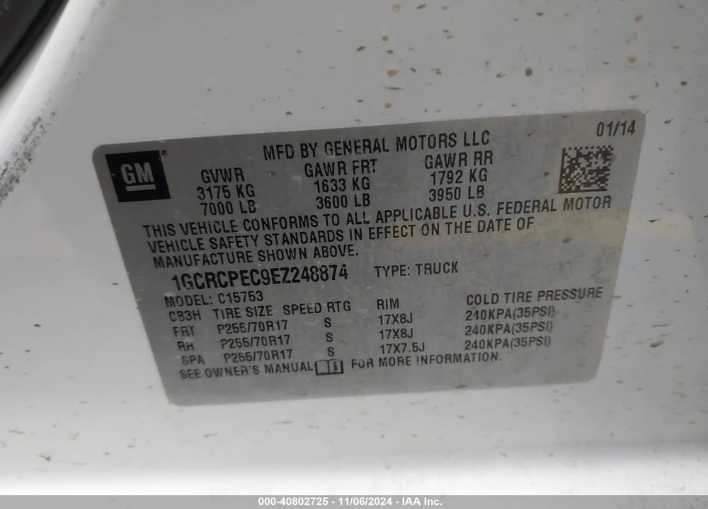 2014 CHEVROLET SILVERADO 1500 WORK TRUCK 2WT VIN: 1GCRCPEC9EZ248874