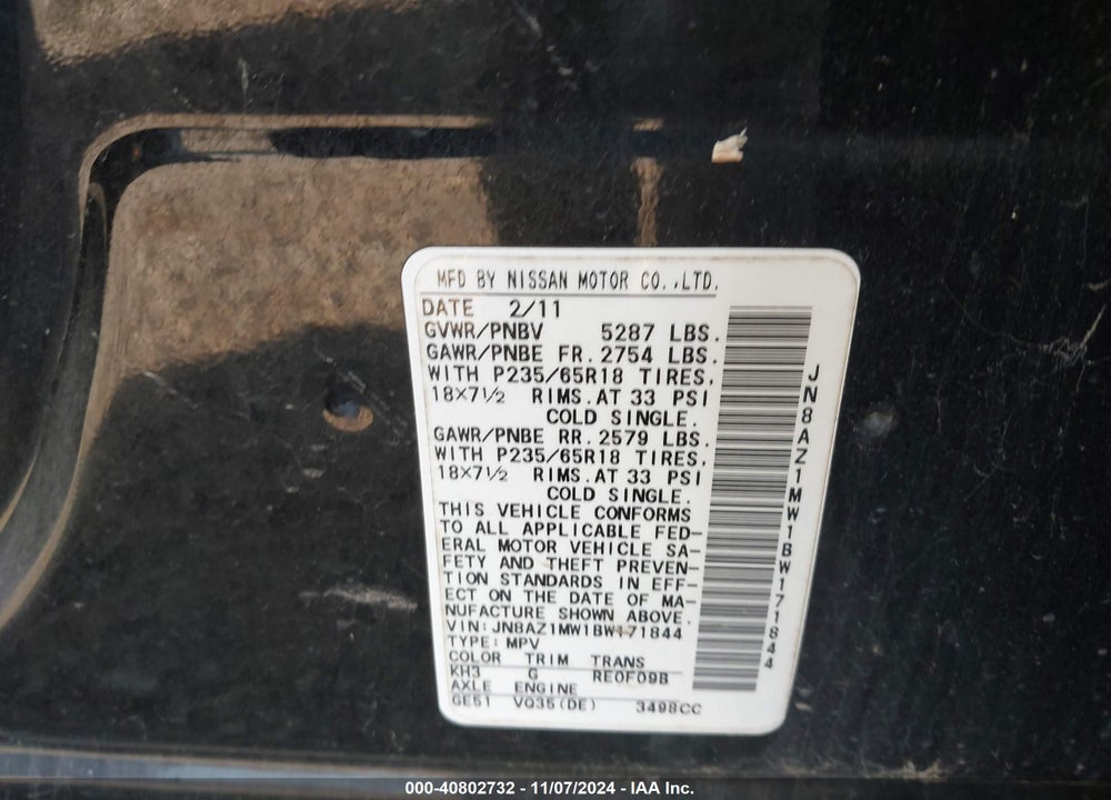 2011 NISSAN MURANO S VIN: JN8AZ1MW1BW171844