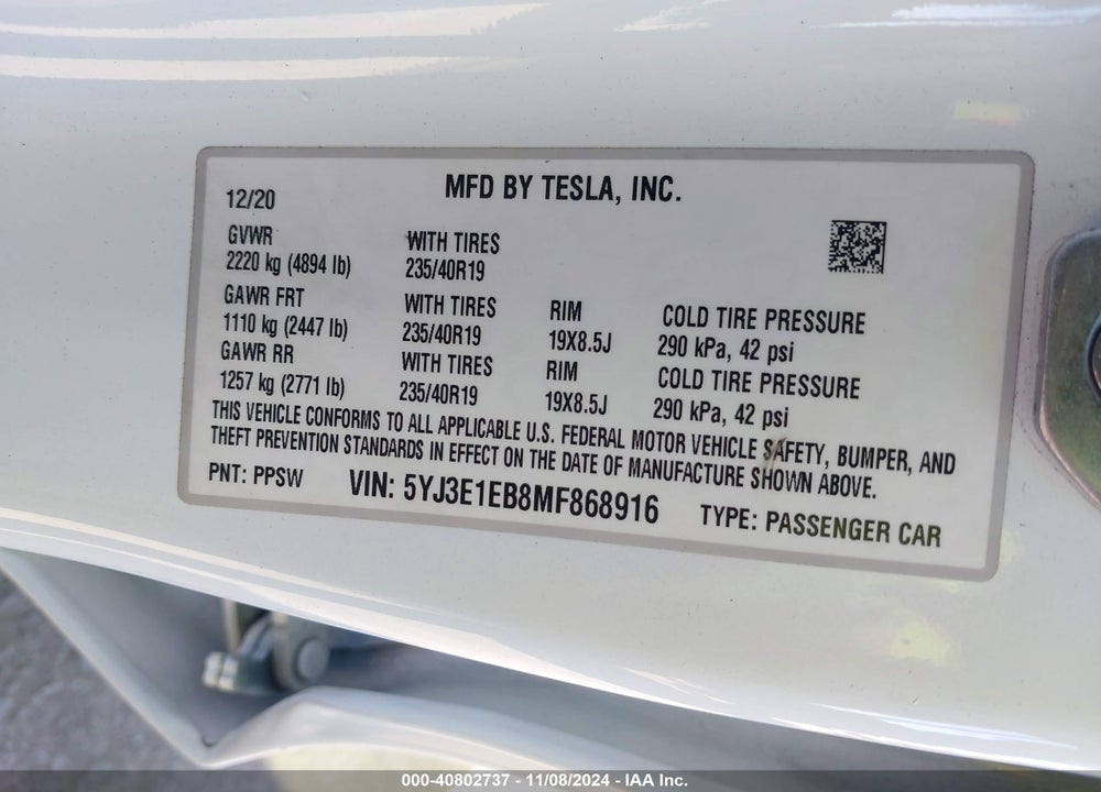 2021 TESLA MODEL 3 LONG RANGE DUAL MOTOR ALL-WHEEL DRIVE VIN: 5YJ3E1EB8MF868916