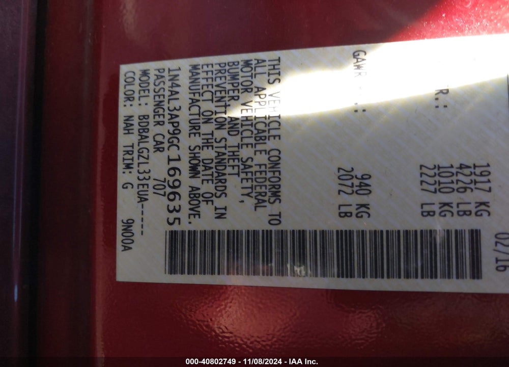 2016 NISSAN ALTIMA VIN: 1N4AL3AP9GC169635