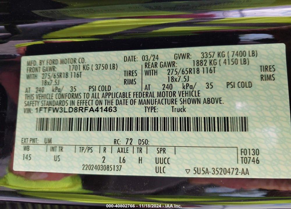 2024 FORD F-150 XLT VIN: 1FTFW3LD8RFA41463