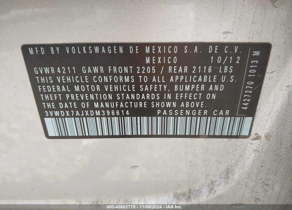 2013 VOLKSWAGEN JETTA 2.5L SE VIN: 3VWDX7AJXDM396614