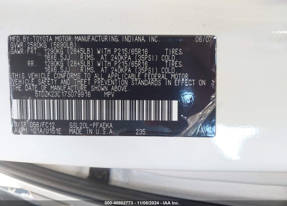 2007 TOYOTA SIENNA LE VIN: 5TDZK23C17S079916