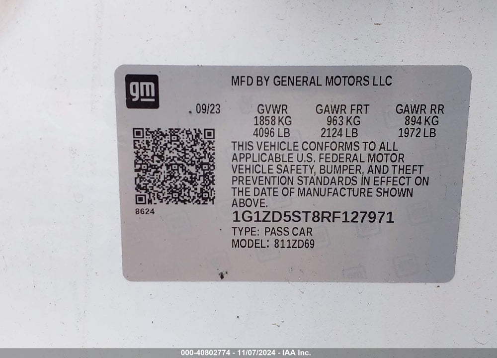 2024 CHEVROLET MALIBU FWD 1LT VIN: 1G1ZD5ST8RF127971