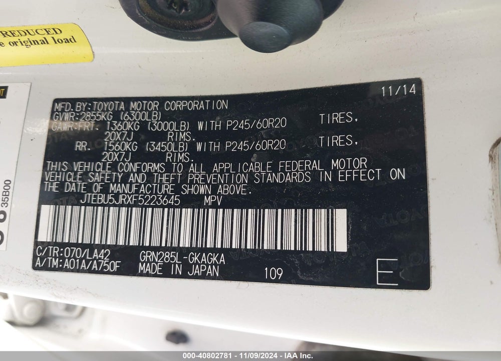 2015 TOYOTA 4RUNNER LIMITED VIN: JTEBU5JRXF5223645