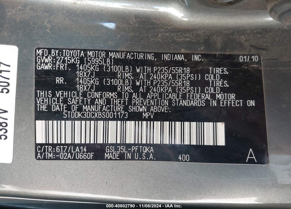 2011 TOYOTA SIENNA XLE LIMITED VIN: 5TDDK3DCXBS001173