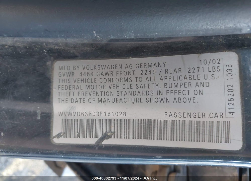 2003 VOLKSWAGEN PASSAT GLS VIN: WVWVD63B03E161028