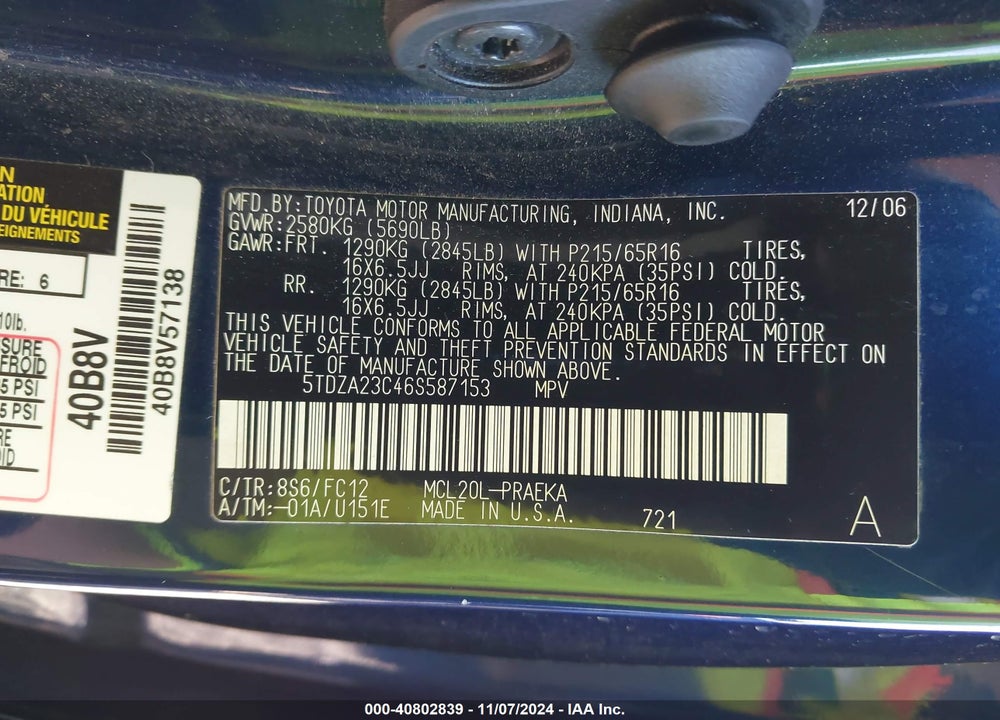 2006 TOYOTA SIENNA LE VIN: 5TDZA23C46S587153