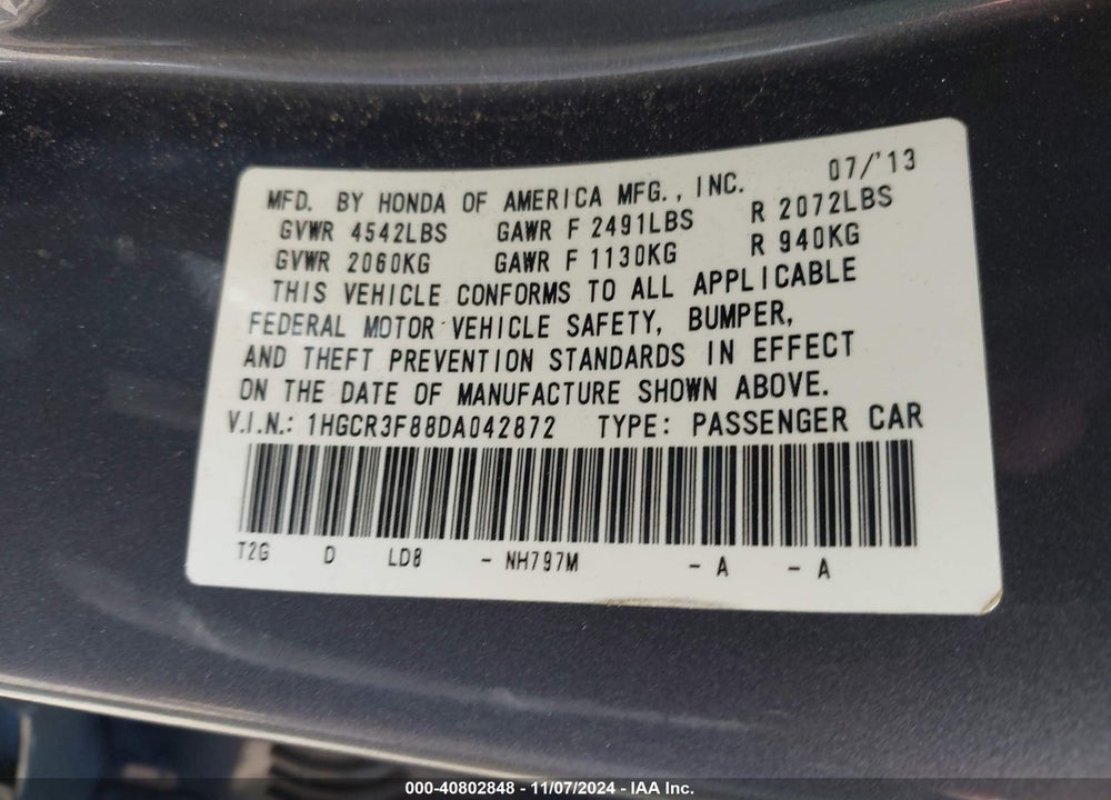 2013 HONDA ACCORD EX-L V-6 VIN: 1HGCR3F88DA042872