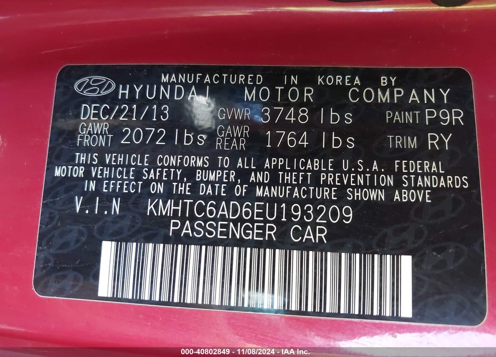 2014 HYUNDAI VELOSTER BASE W/GRAY VIN: KMHTC6AD6EU193209