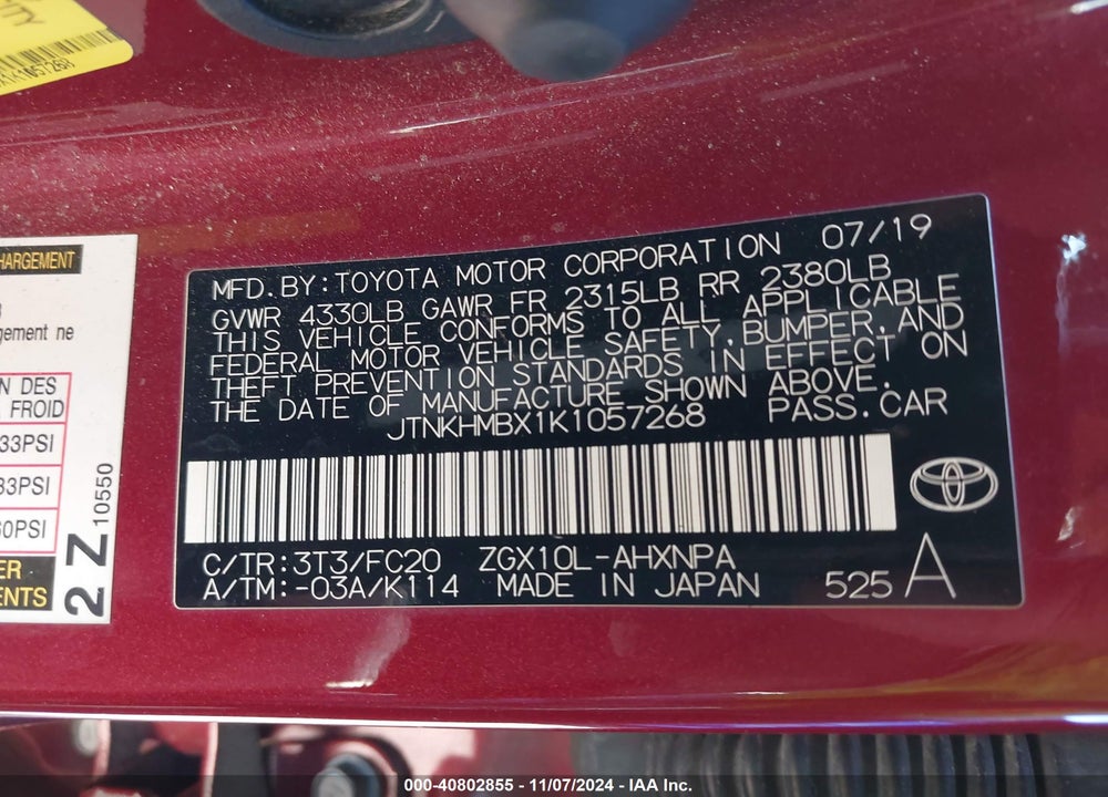 2019 TOYOTA C-HR LE VIN: JTNKHMBX1K1057268