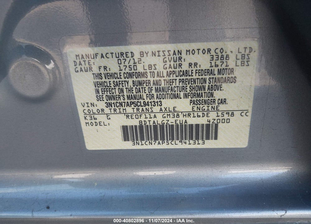 2012 NISSAN VERSA 1.6 SL VIN: 3N1CN7AP5CL941313