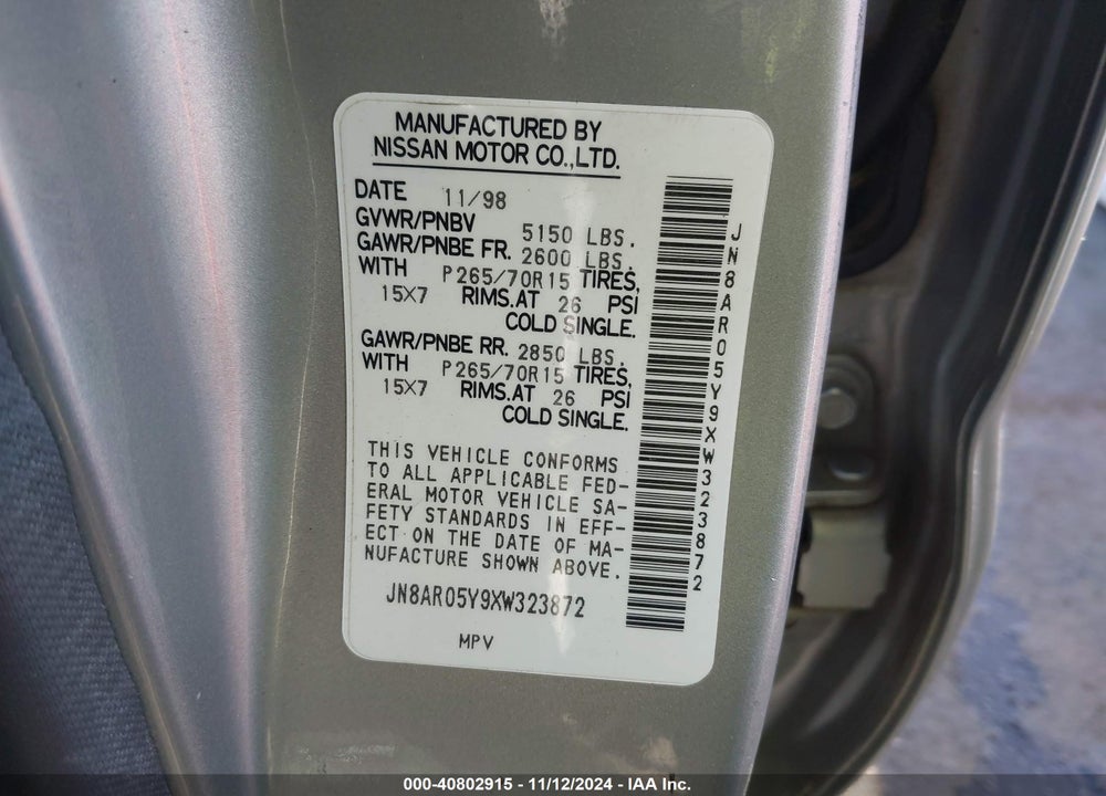 1999 NISSAN PATHFINDER LE/SE/XE VIN: JN8AR05Y9XW323872