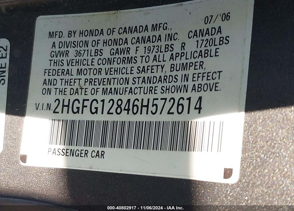 2006 HONDA CIVIC EX VIN: 2HGFG12846H572614