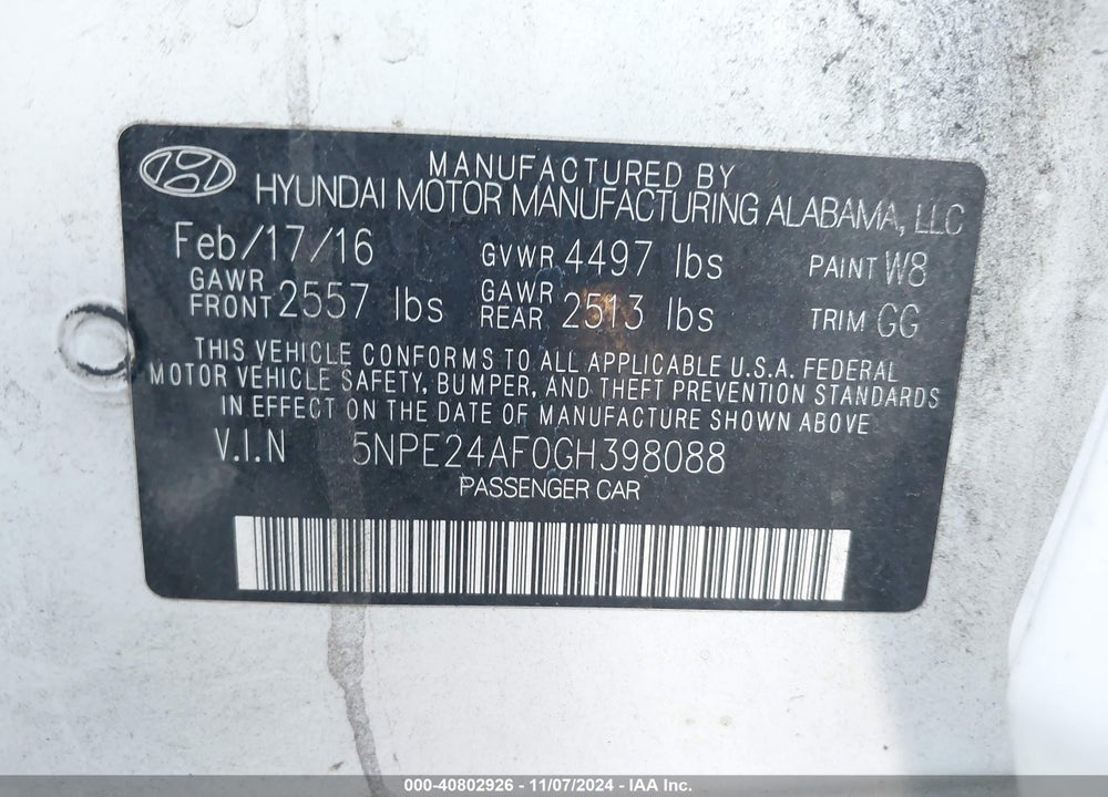 2016 HYUNDAI SONATA VIN: 5NPE24AF0GH398088