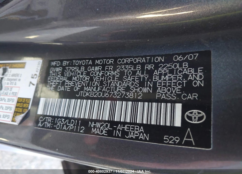 2007 TOYOTA PRIUS VIN: JTDKB20U673273812