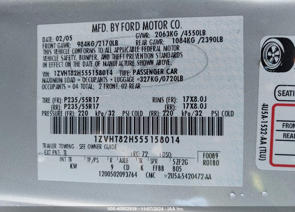 2005 FORD MUSTANG GT DELUXE/GT PREMIUM VIN: 1ZVHT82H555158014